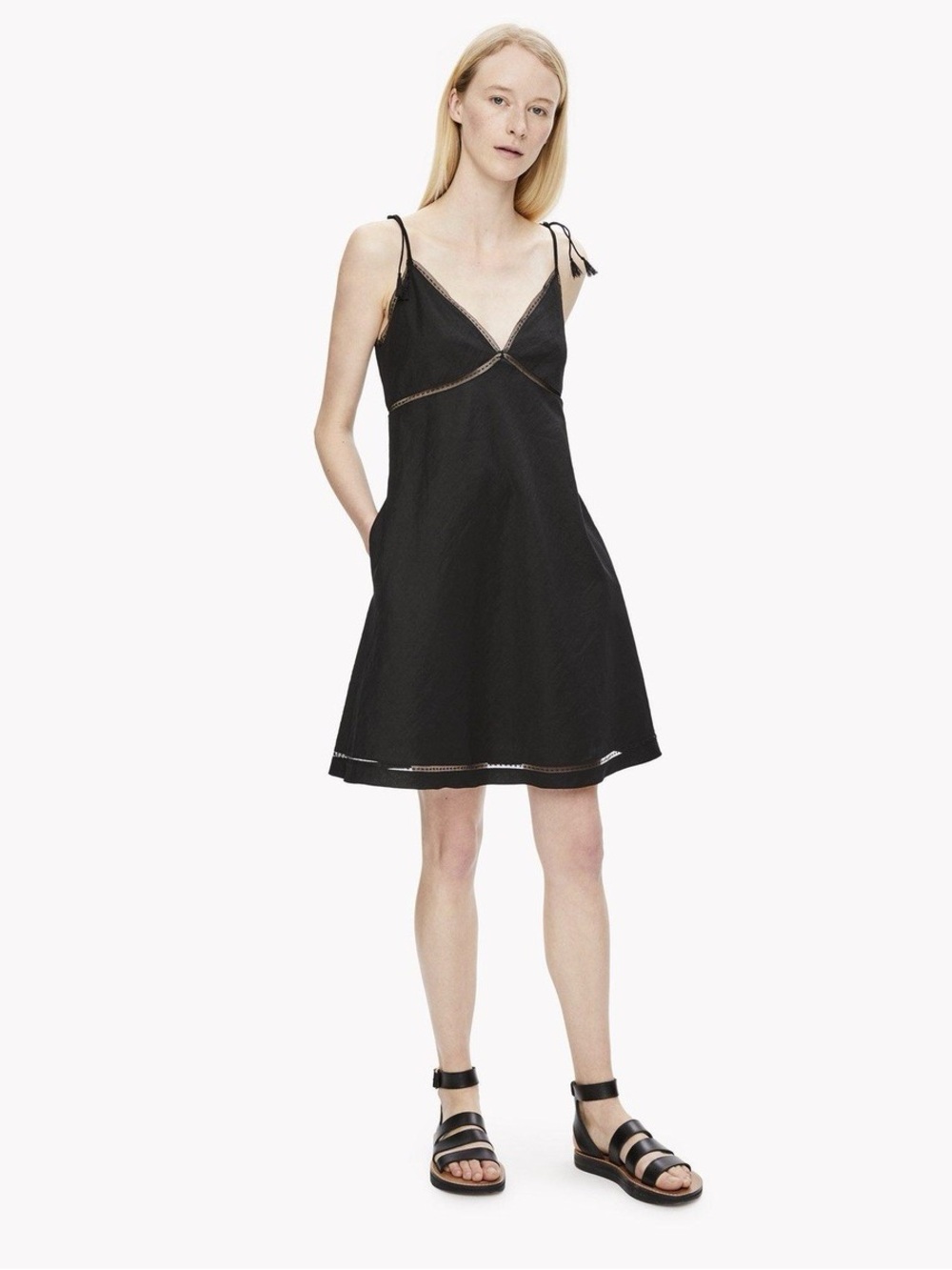 THEORY Sz 8 LACE INSET RIOBATISTA LINEN BLEND TANK SLIP SUMMER DRESS BLACK $395